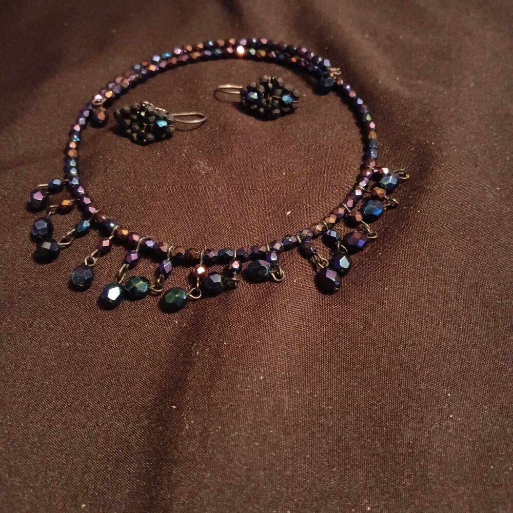 necklace and matching earrings black with rainbow colors
